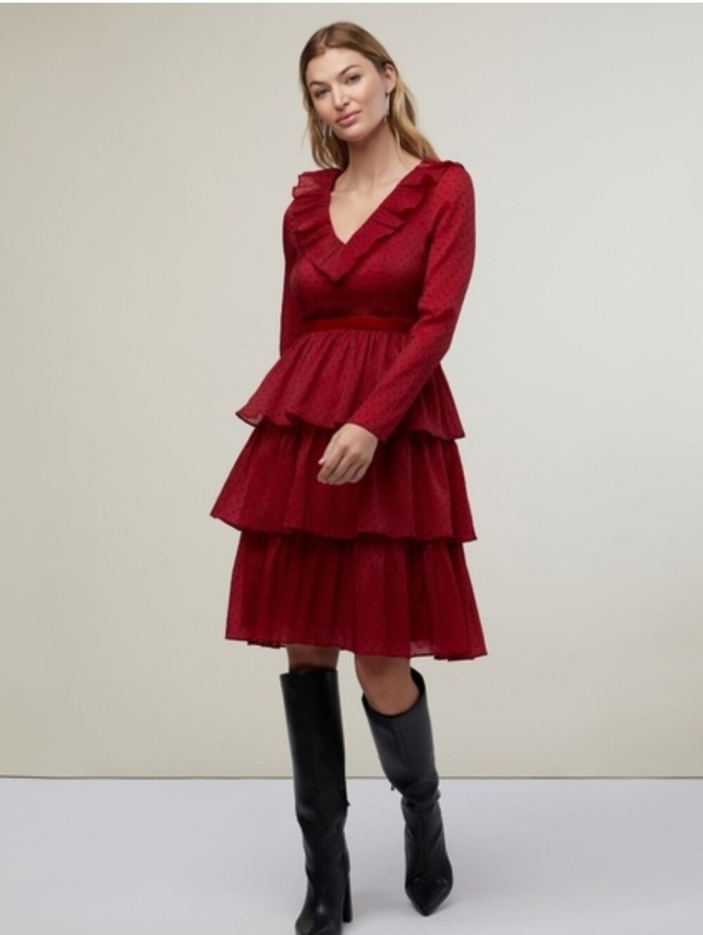 Rachel Parcell BurgundyPolka Dot Tiered Ruffle Dress